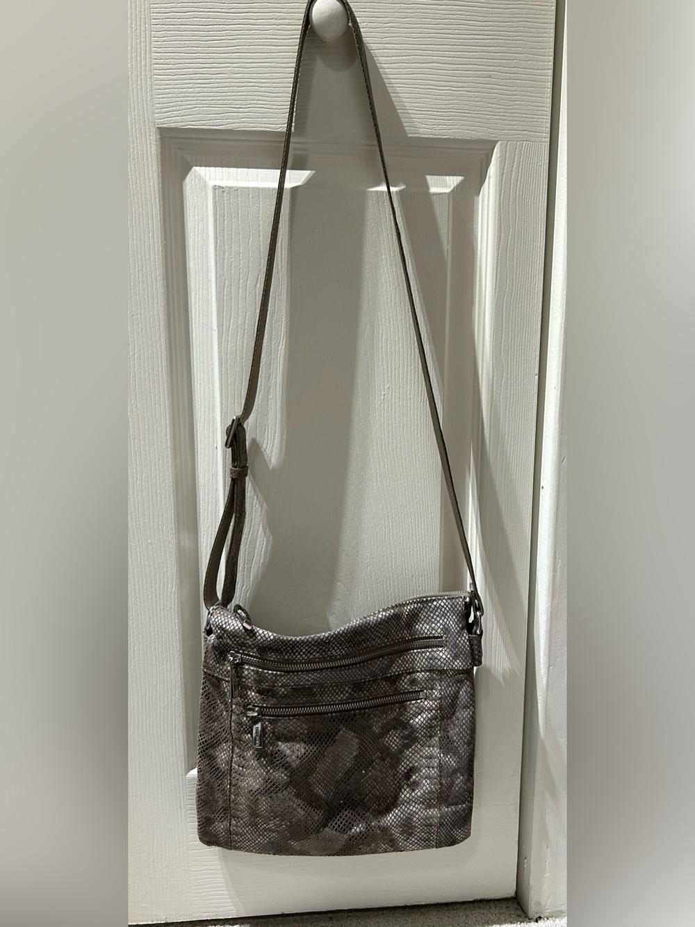 DANIER Snake Print Metallic Leather Crossbody Bag | Neutral Taupe Grey